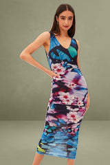 Blue Printed Dress Butterfly And Flower Ruched Bodycon