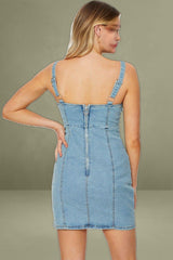 Blue Zip Mini Scoop Neck Denim Dress