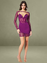 Purple Lace and Crepe Mini Dress