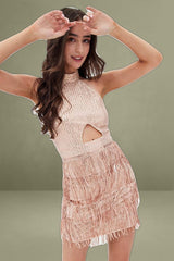 Beige Party Bodycon Halter Mini Dress Tassels
