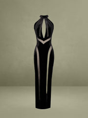 Paityn Black Velvet Mesh Cutout Halter Gown