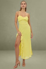 Yellow Bodycon Dress Maxi Ruffle Slit Chiffon