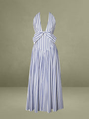 Mackenna Navy Stripe Halter Smock Back Maxi Dress