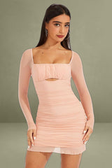 Pink Bodycon Dress Ruched Mesh