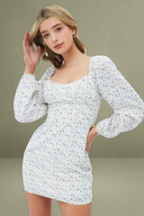 White Floral Midi Dress Long Sleeve Gathering Bust