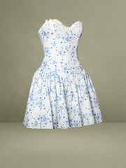 Taleah Blue Floral Print Linen Mini Dress with Lace Trim