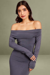 Long Sleeve Grey Off-Shoulder Maxi Dress
