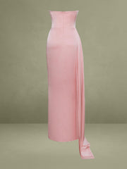 Pink Satin Crystal Embellished High Slit Gown