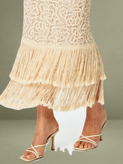 Off-White Double Fringe Crochet Halter Maxi Dress