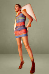 Blue Abstract Landscape Print Mesh Dress