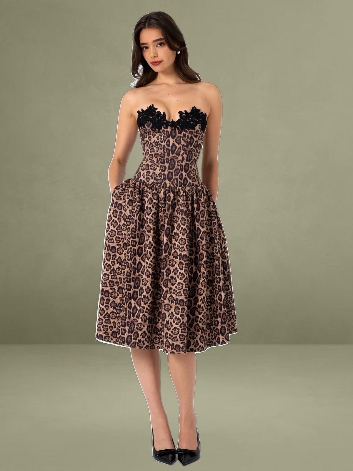Uchenna Cheetah Print Stretchy Strapless Midi Dress with lace trim