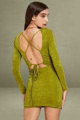 Green Strappy Tie Back Ruched Slinky Jersey Bodycon Dress