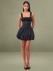 Aubrey Black Satin Bubble Hem Mini Dress
