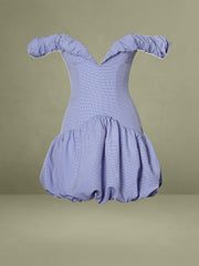 Sablee Checkered Puffy Off Shoulder Trim Bubble Hem Mini Dress