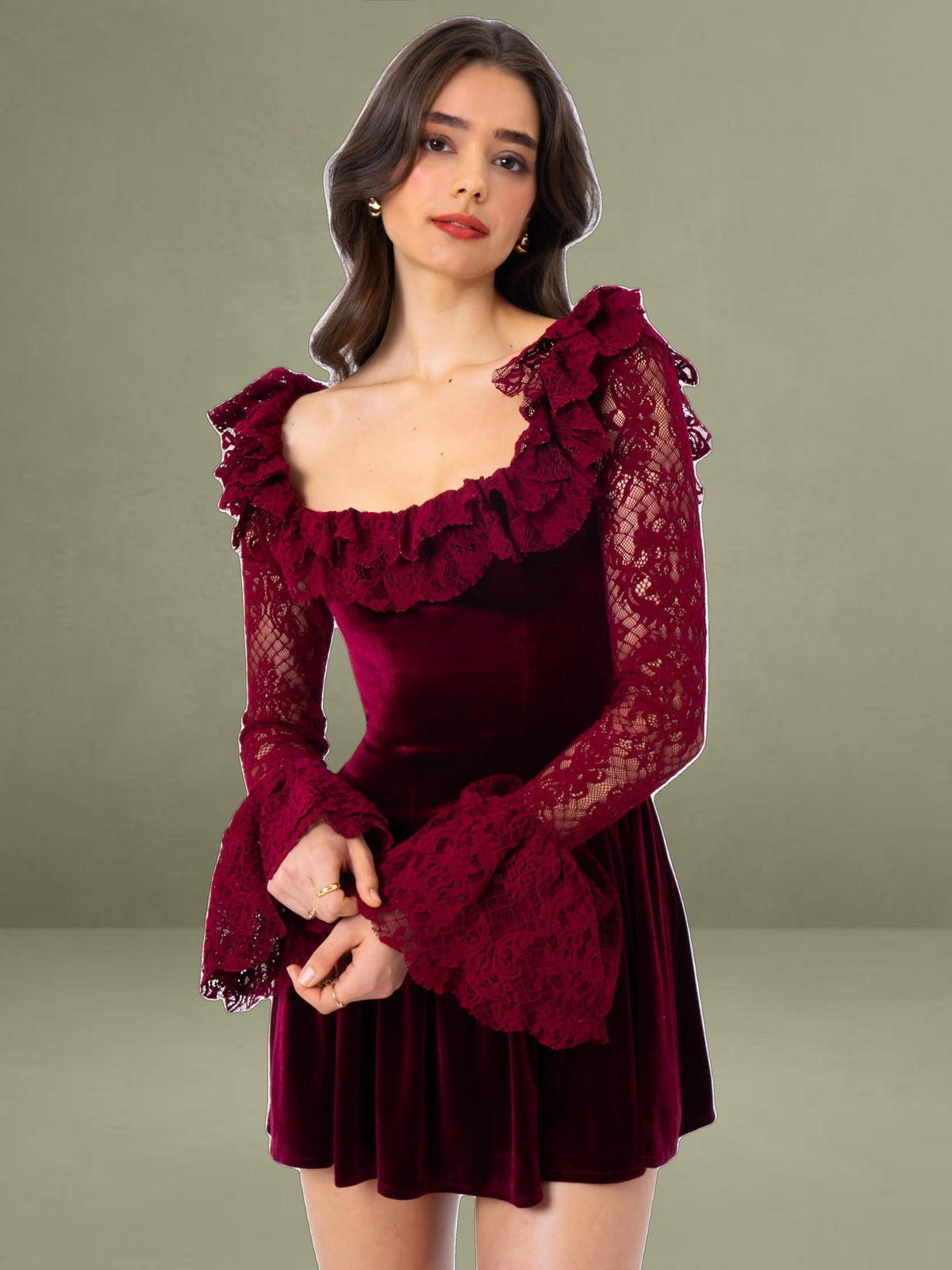 Yachira Burgundy Velvet Lace Flare Sleeve Mini Dress