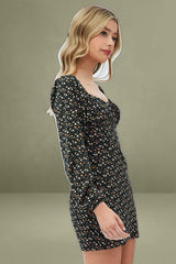 Black Floral Midi Dress Long Sleeve Gathering Bust