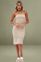 Beige Boob Tube Dress Midi Bodycon Ribbed Bandeau