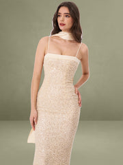 Raizel Gold Beaded Sequin Bodycon Gown with Scarf