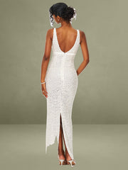 White Beaded Sequin Net Bodycon Evening Gown