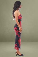 Black Floral One-Shoulder Mesh Bodycon Dress