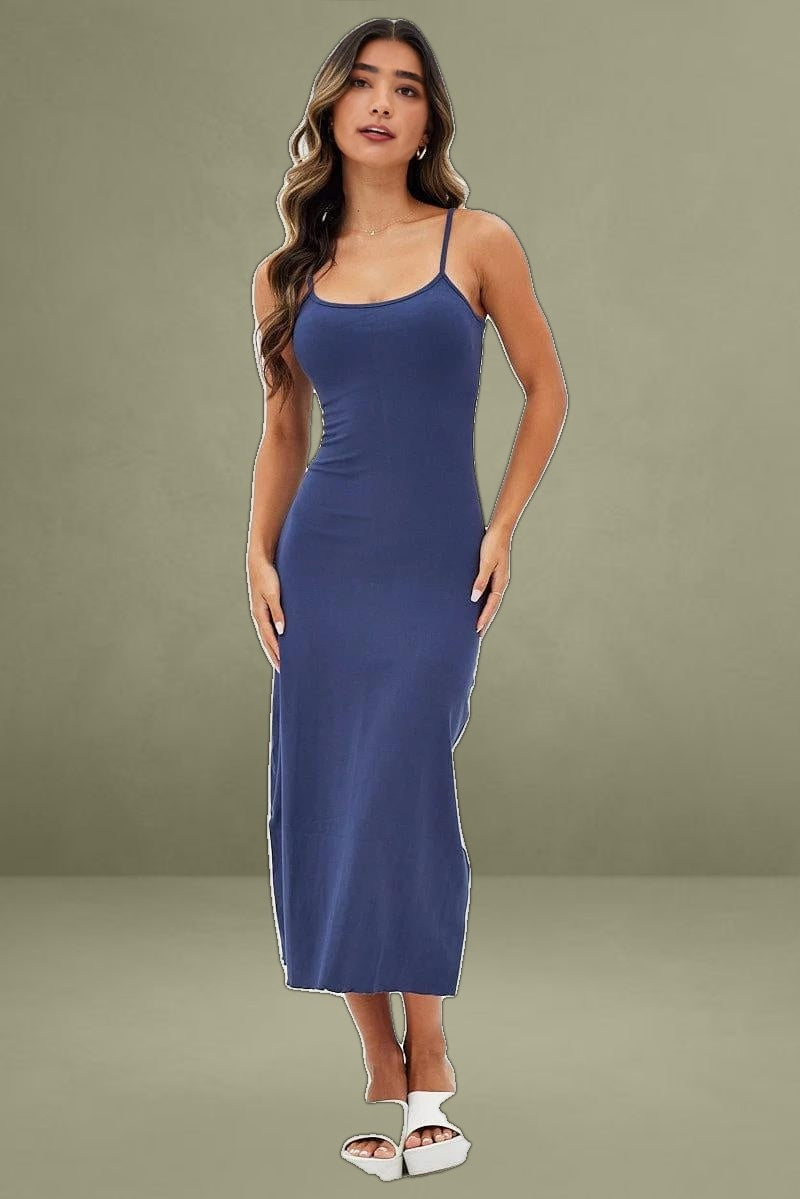Blue Maxi Dress Sleeveless Scoop Neck Bodycon Jersey