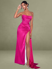Holly Fuchsia Crystallized Corset High Slit Satin Gown