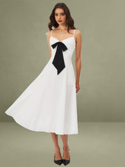 Corinne White Poplin Flared Maxi Dress with Removable Bow