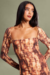 Brown Abstract Bodycon Dress Long Sleeve Square Neck Mesh