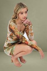 Multi Print Mini Dress Long Sleeve Square Neck Bodycon Mesh