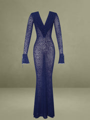 Navy V Neck Plunge Animal Print Mermaid Hem Maxi Dress