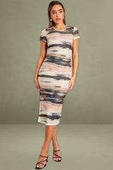 Brown Abstract Mesh Dress Short Sleeve