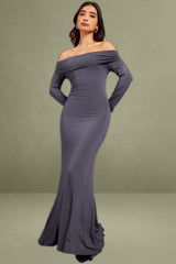 Long Sleeve Grey Off-Shoulder Maxi Dress