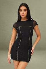 Black Mini Dress Cap Sleeve Crew Neck Bodycon Mesh