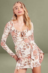 Beige Floral Ruffle Mini Dress Bell Cuff Bodycon Mini Dress