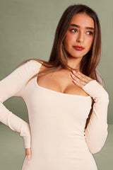 Beige Long Sleeve Bodycon Dress