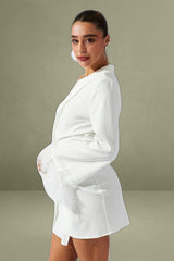 White Wrap Dress Long Sleeve Faux Feather Cuffs