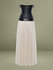 Maayan Black Vegan Leather Corset High Slit Drop Waist Maxi Dress