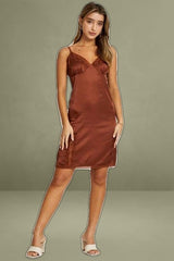 Brown Lace Trim Slip Dress