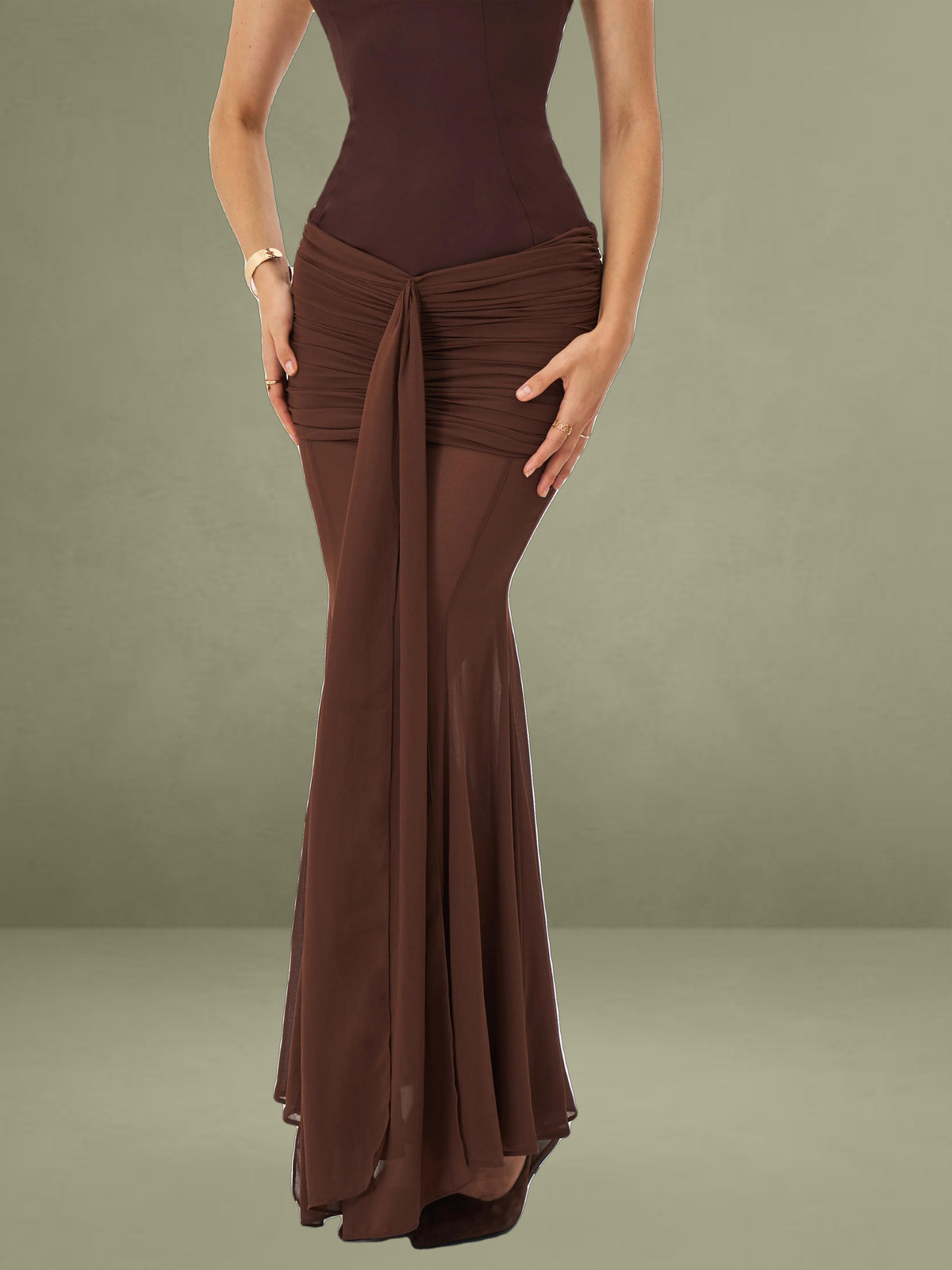 Espresso Sweetheart Draped Mesh Mermaid Maxi Dress