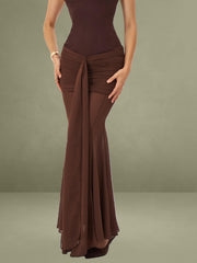 Espresso Sweetheart Draped Mesh Mermaid Maxi Dress
