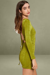 Green Strappy Tie Back Ruched Slinky Jersey Bodycon Dress