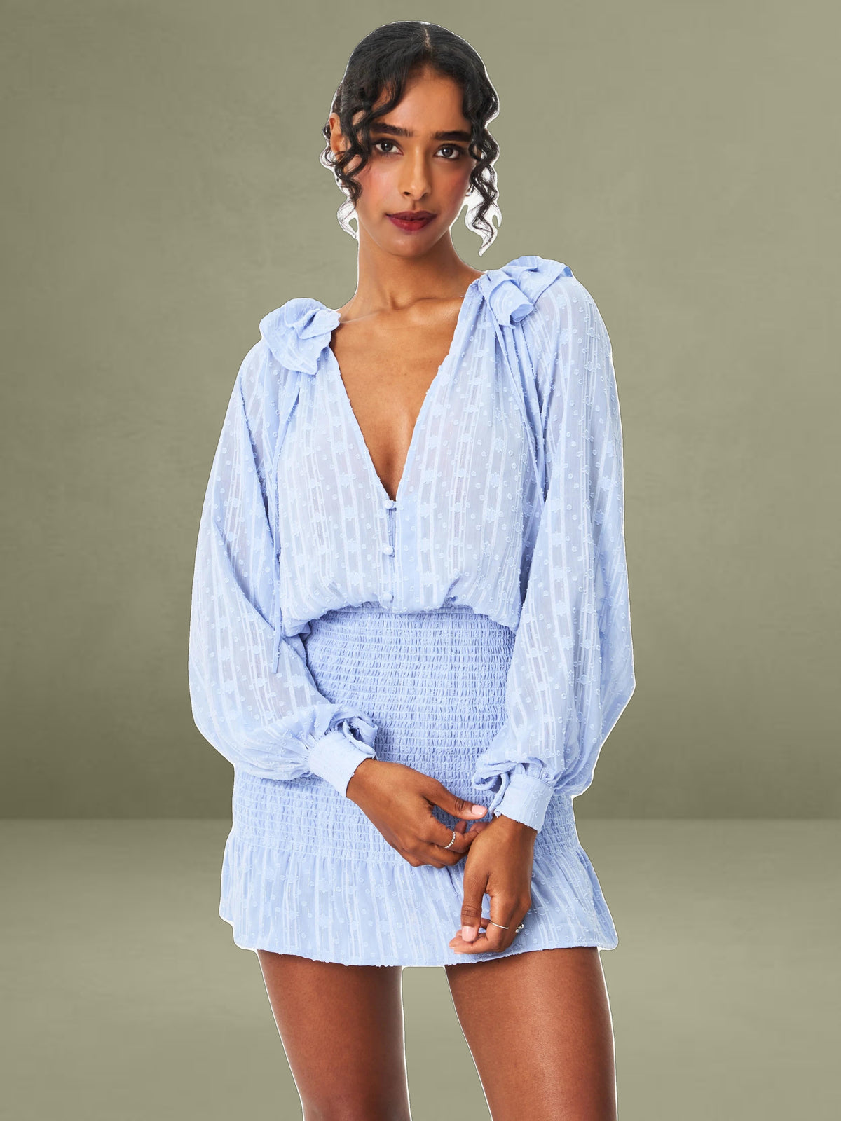 Blue Smock Bottom Balloon Sleeve Mini Dress