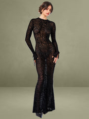 Waylynn Black Animal Print Burnout Velvet Detail Mesh Backless Maxi Dress