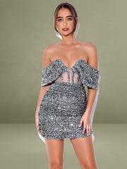 Weston Silver Sequin Off Shoulder Corset Dress