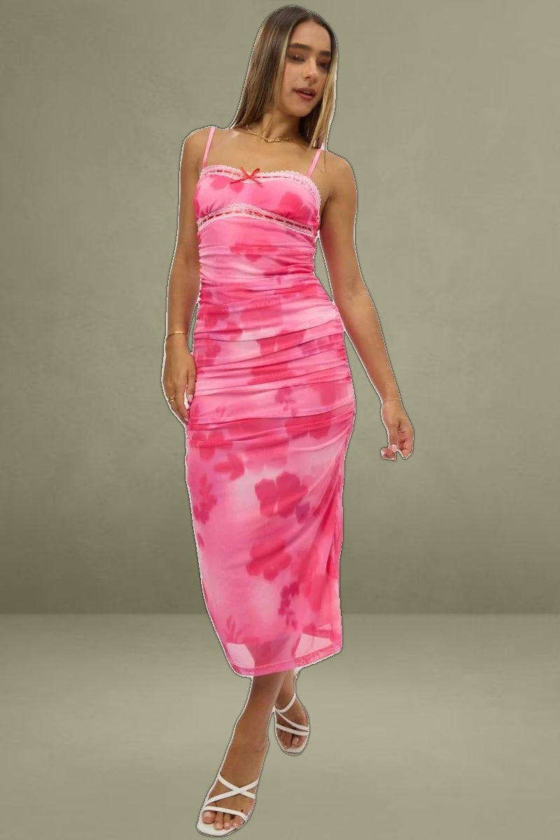Pink Floral Bodycon Dress Singlet Mesh Midi