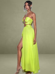 Quinby Lemon Chiffon Pleated Lace Up Maxi Dress