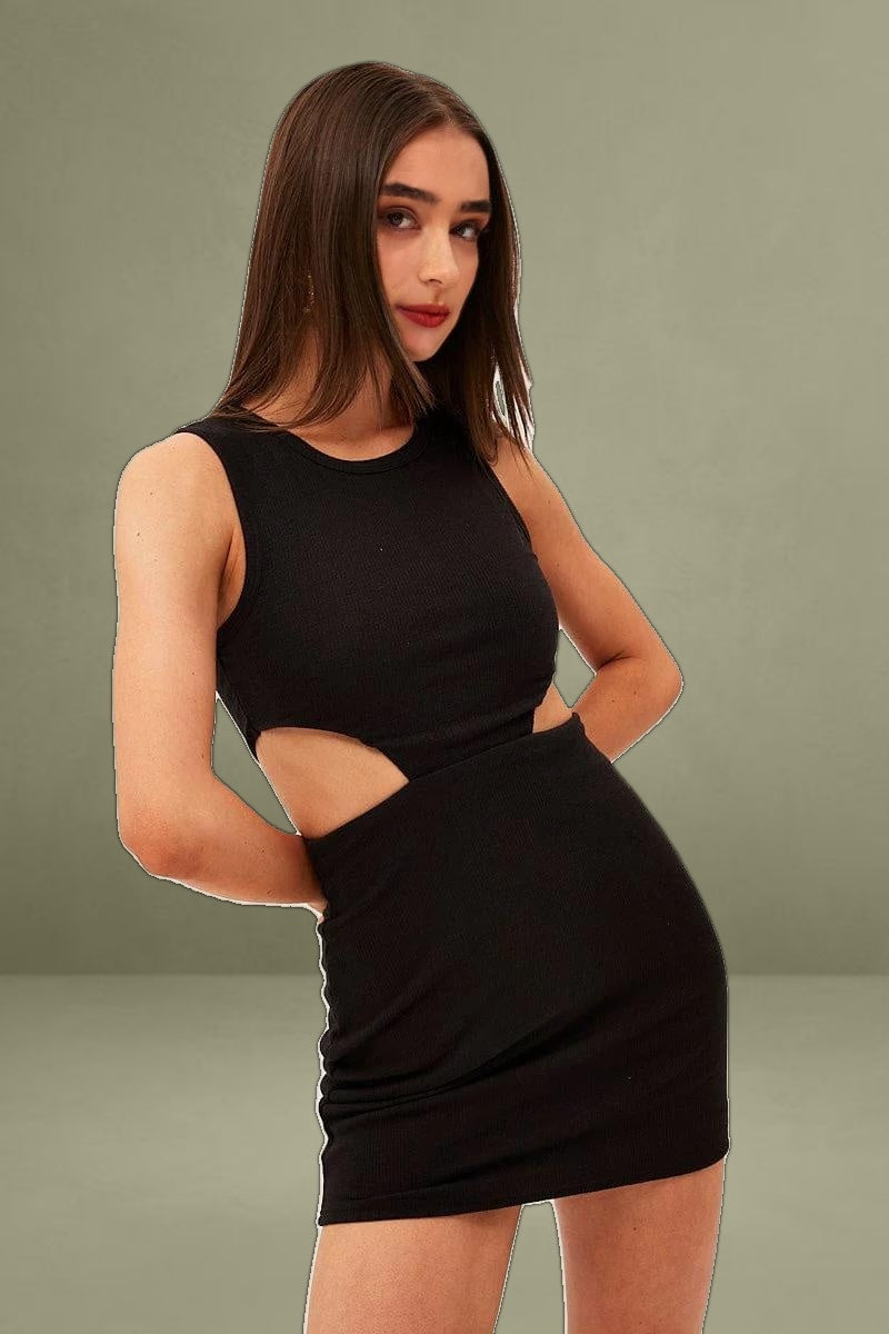 Black Mini Dress Sleeveless Round Neck Cut Out