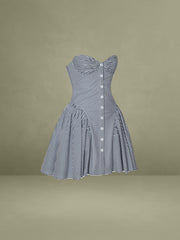 Melody Navy Blue Railroad Stripe Halter Drop Waist Mini Dress