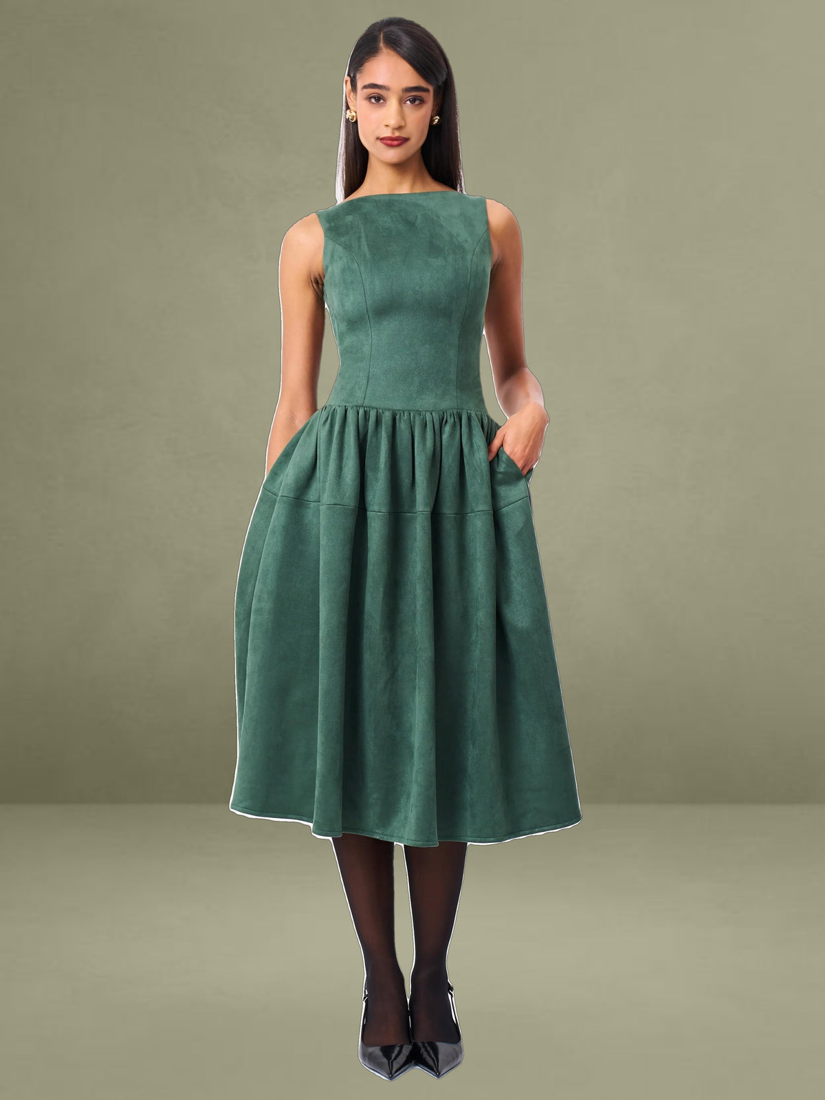 Laila Green Suede Boat Neck Backless Midi Dress