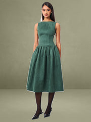 Laila Green Suede Boat Neck Backless Midi Dress